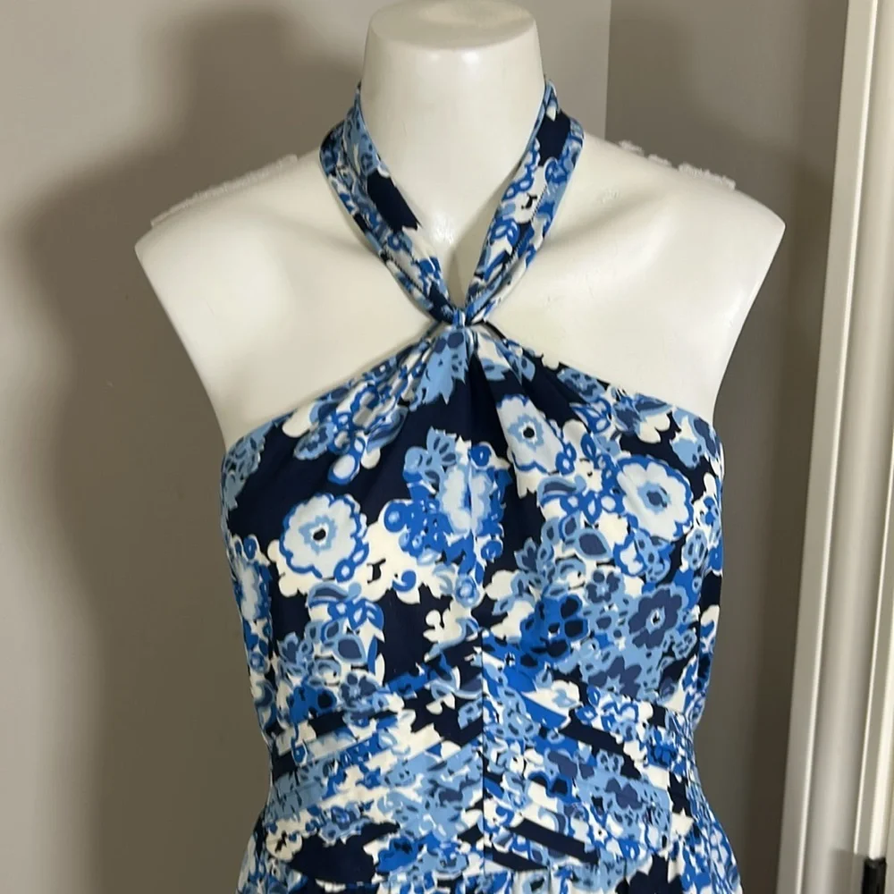 Tory Burch Silk Halter Neck Midi Dress Blue Floral Side Zip Pleated Sz 4 - Picture 3 of 16